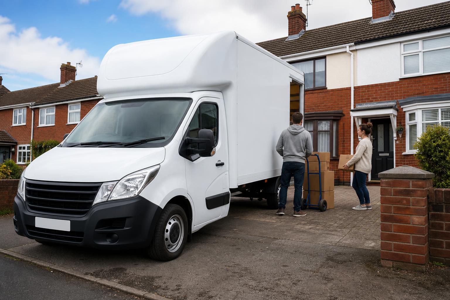 Clean Luton hire van being loaded with boxes outside a suburban home in Dudley.
