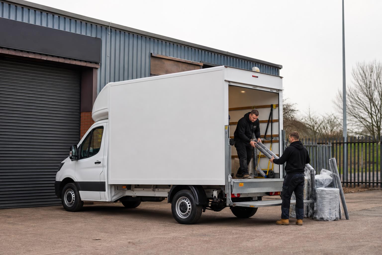 Luton hire van beside a warehouse unit in Bilston with tradespeople preparing materials to load.