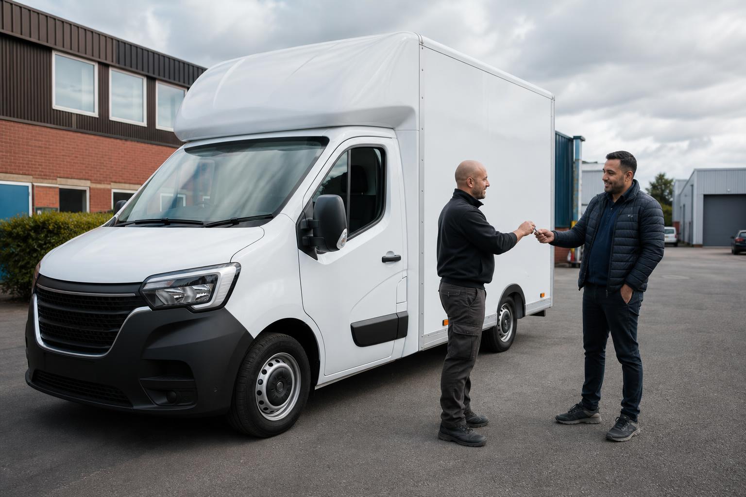 Customer receiving a white Luton hire van at a business park in Tipton.